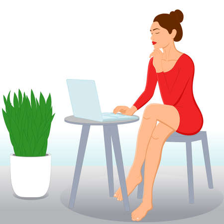 Relaxed young Woman working on laptop at home. Remote work, Freelance at home in quarantine during Coronavirus pandemic. Girl Browsing Internet, Chatting, Blogging & Online education concept. Vector flat style illustrationのイラスト素材