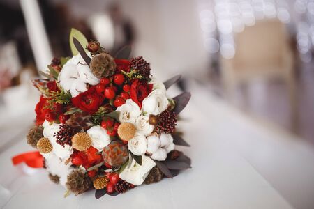 Wedding bouquet with cotton and dried flowersの写真素材