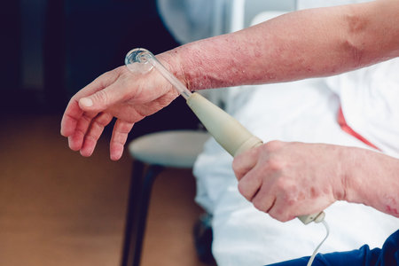 patient with a skin disease uses a Darsonval apparatus for the treatment of dermatitis, apathic,...