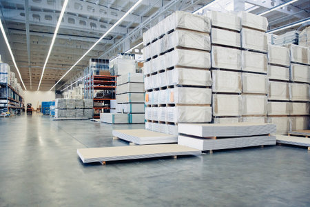 Stack of carton at logistics warehouse. concept, construction of houses, loader.の写真素材