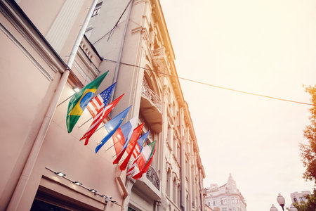 Flags of russia, united states, brazil, turkey, china, european union, iran on embassy house
