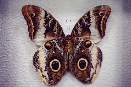 Big tropical butterfly owl or peacock eye on a white abstract background. Concept exhibition of butterflies.の写真素材