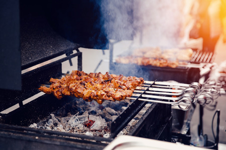 Moist hicken kebabs on the grill in nature. Concept of a family holiday in nature, a meat restaurant, a cafe, cooking meatの写真素材