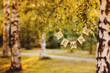 Inscription in Russian Family. Laser cut from a plywood tree. In the background, park, leaves. Concept day of family and unity in Russia. copy spaceの写真素材