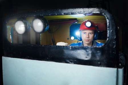 young miner man underground in a mine for coal mining in overalls is busy with work, repairing...