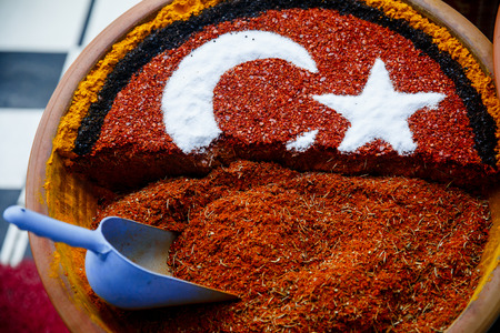 Grand Spice Bazaar, turkish spices for sale shops in Istanbul. Turkey flagの写真素材