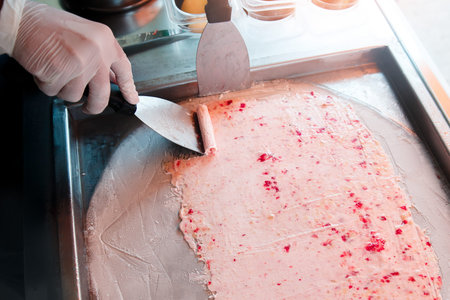 Ice cream roll. Thailand stir-fried ice cream rolls at freeze panの写真素材