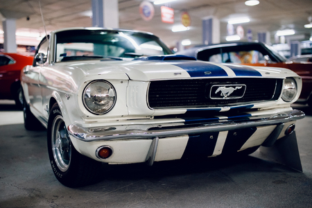 ST PETERSBURG, RUSSIA - JUNE 1, 2017: Ford Mustang GT, white glossy and shiny old classic retro car oldtimer, icon of the USA style.のeditorial素材