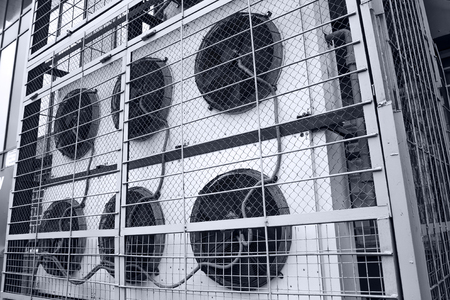 Commercial cooling HVAC air conditioner condenser fan units battery set climate control and refrigeration temperature AC conditioning systemの写真素材
