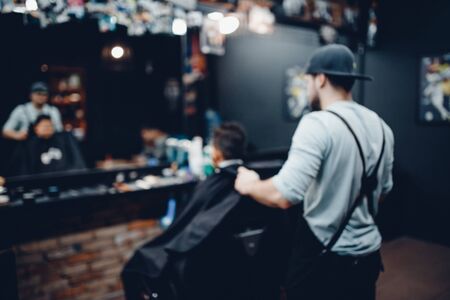 Barbershop. Blurred background hairdresser and hair salon barbershop, barber shop for menの写真素材