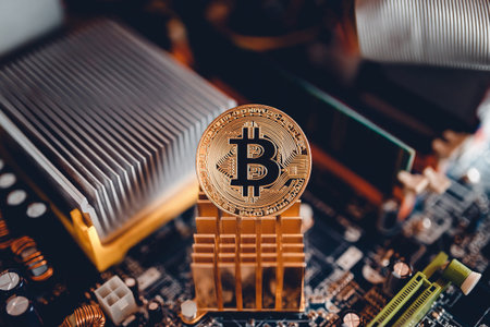 Bitcoin. Gold Bitcoin electronic computer processor board