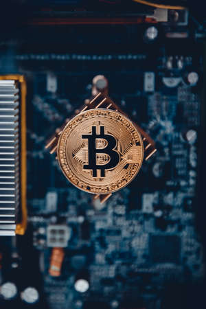 Bitcoin. Gold Bitcoin electronic computer processor boardの写真素材