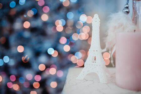 Toys xmas. Decorated Christmas tree with Toy on blurred, bokeh backgroundの写真素材