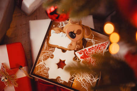 Gingerbread deer new year. Gingerbread on glowing lights of a Christmas tree. Concept of sweets and gifts. top viewの写真素材