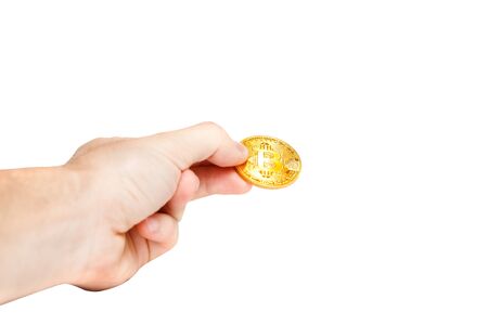 Bitcoin. Bitcoin with hand on isolated backgroundの写真素材