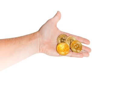 Bitcoin. Bitcoin with hand on isolated backgroundの写真素材