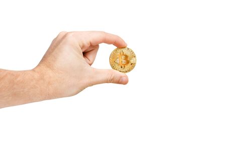Bitcoin. Bitcoin with hand on isolated backgroundの写真素材