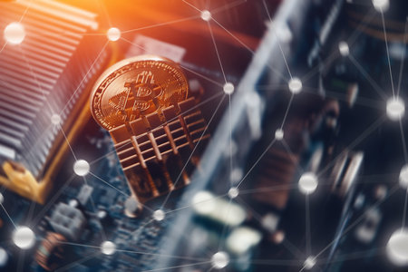 Bitcoin. Golden bitcoin on dark background. Concept Blockchain, cryptocurrencies