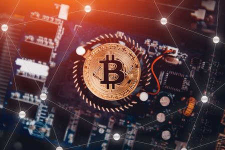 Bitcoin. Golden bitcoin on dark background. Concept Blockchain, cryptocurrenciesの写真素材