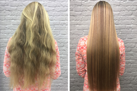 Sick, cut and healthy hair. Hair before and after treatment.の写真素材
