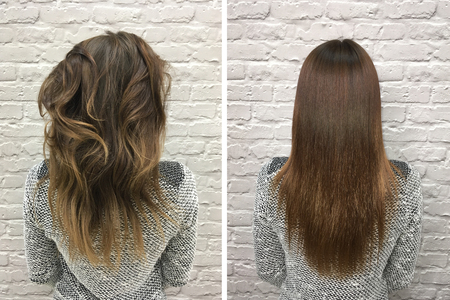 Sick, cut and healthy hair. Hair before and after treatment.の写真素材