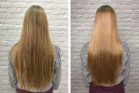 Sick, cut and healthy hair. Hair before and after treatment.の写真素材