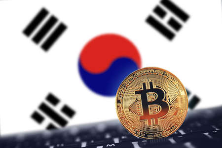 Bitcoin. Bitcoin on South Korea flag backgroundの写真素材