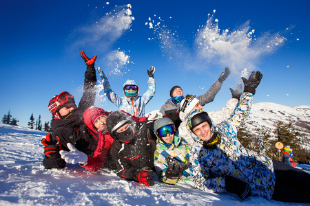 Sheregesh, Kemerovo region, Russia - January 4, 2018: Group of merry people with skis and snowboards playのeditorial素材