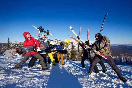 Sheregesh, Kemerovo region, Russia - January 4, 2018: Group of merry people with skis and snowboards playのeditorial素材