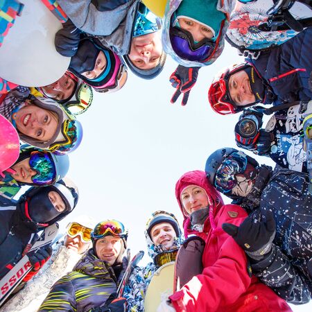 Sheregesh, Kemerovo region, Russia - January 4, 2018: Group of merry people with skis and snowboards playのeditorial素材