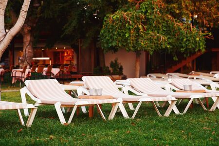 Sun lounger beds on the hotel. Concept place for recreation.の写真素材