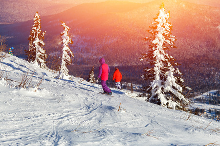 Snowboarder with snowboard rides through snow in forest tramplin. Freeride snowboarding in Sheregesh Ski Resort. Sunsetの写真素材