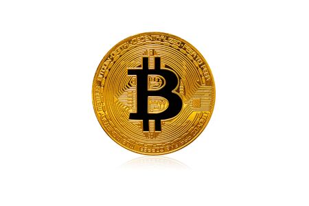 Bitcoin. Gold Bitcoin coin closeup on isolate backgroundの写真素材