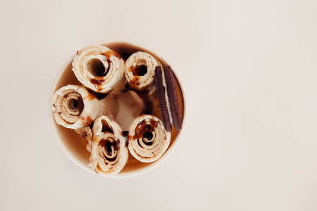 Ice cream roll. Thailand stir-fried ice cream rolls at freeze panの写真素材