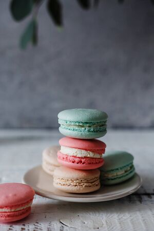 Macaroon. Macaron on gray neutral loft background, stand on plate of different colors. Wooden background.の写真素材