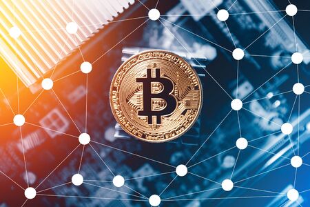 Bitcoin hardfork. Gold Bitcoin electronic computer processor board hard forkの写真素材
