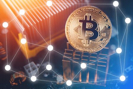 Bitcoin hardfork. Gold Bitcoin electronic computer processor board hard forkの写真素材