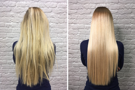 Sick, cut and healthy hair. Hair before and after treatment.の写真素材