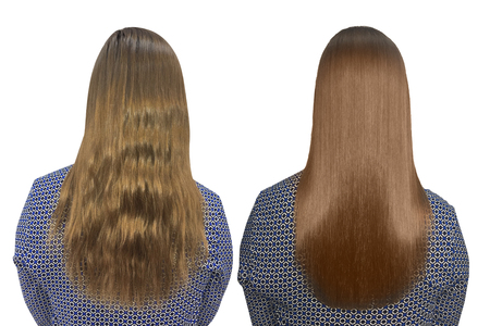 Sick, cut and healthy hair. Hair before and after treatment.の写真素材