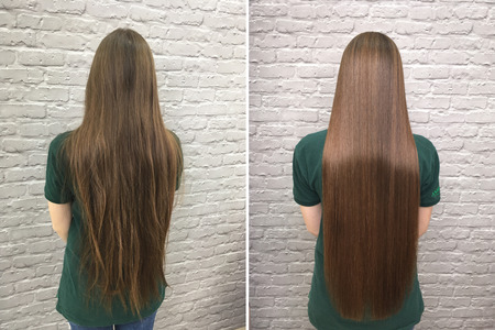Sick, cut and healthy hair. Hair before and after treatment.の写真素材