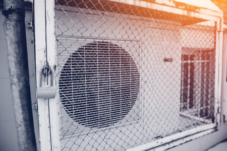 Commercial cooling HVAC air conditioner condenser fan units battery set climate control and refrigeration temperature AC conditioning systemの写真素材