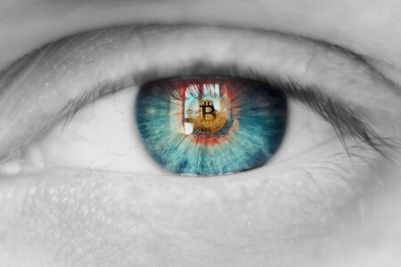 Bitcoin. Eye of person with bitcoin coin logo in pupilの写真素材