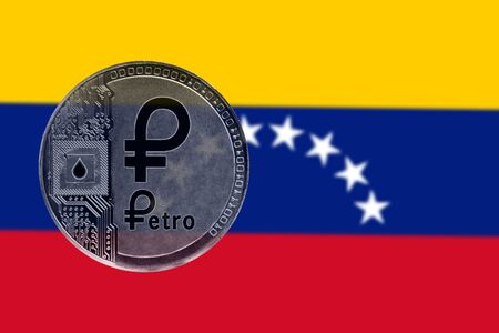 Venezuela Petro. Coin Cryptocurrency PTR background of flag of Venezuelaの写真素材