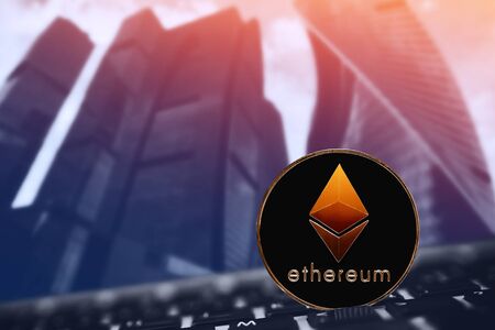 Ethereum. Ethereum ico on the background of the network dark.の写真素材