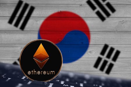 Ethereum. Ethereum on the background of flag South Korea.の写真素材