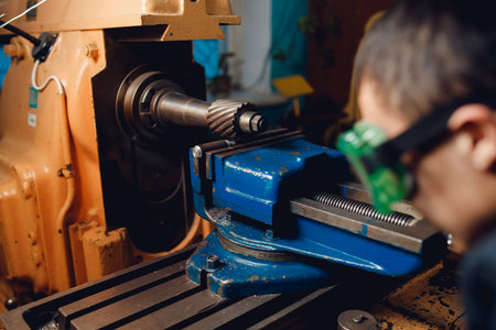Engineer turner Asian man stands in goggles behind an automatic machine. Concept young working...
