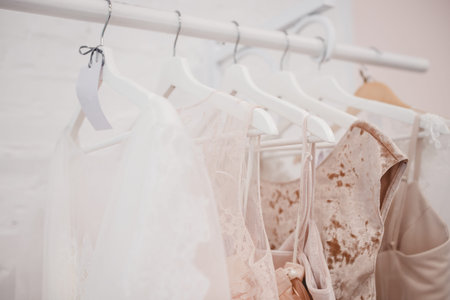 White modern wedding dresses in dress store.の写真素材