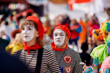 Sheregesh, Kemerovo, Russia - April 7, 2018: Grelka Fest: Group of people ski and snowboard riders in carnival costumes.のeditorial素材