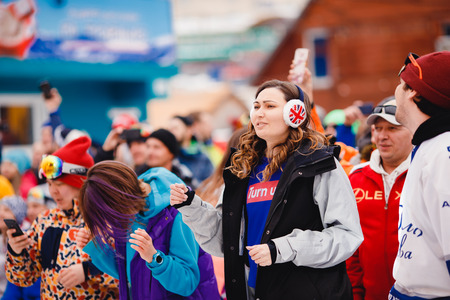 Sheregesh, Kemerovo, Russia - April 7, 2018: Grelka Fest: Group of people ski and snowboard riders in carnival costumes.のeditorial素材