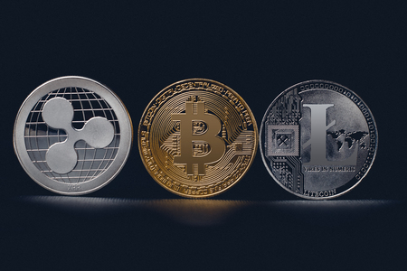 Bitcoin, litecoin, ripple On background dark, concept of crypto currency.の写真素材